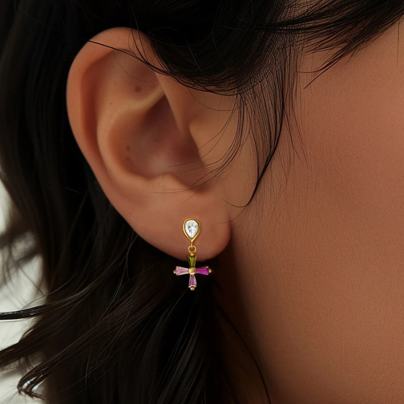 Asymmetrical Zircon Cross Earrings - Maria