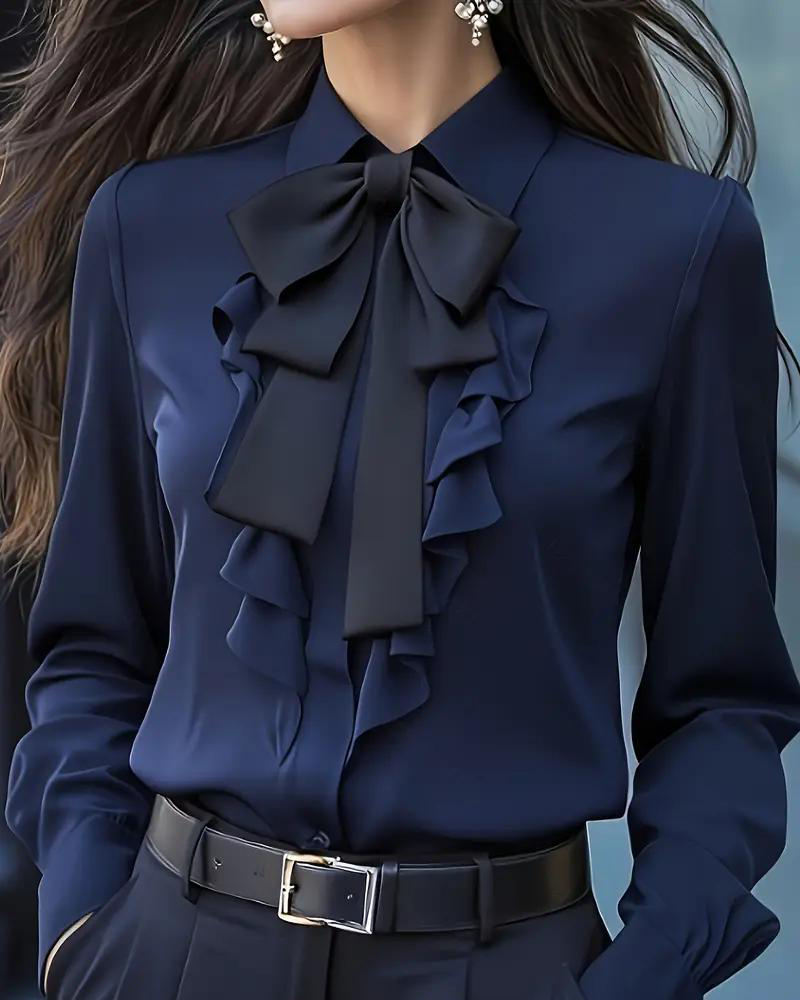 Long-Sleeved Blouse with Bow and Ruffles