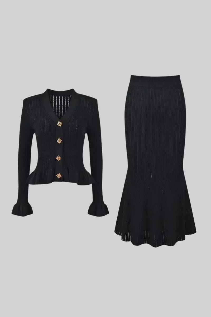 Ruffled Jacket & Flared Skirt Knit Matching Set