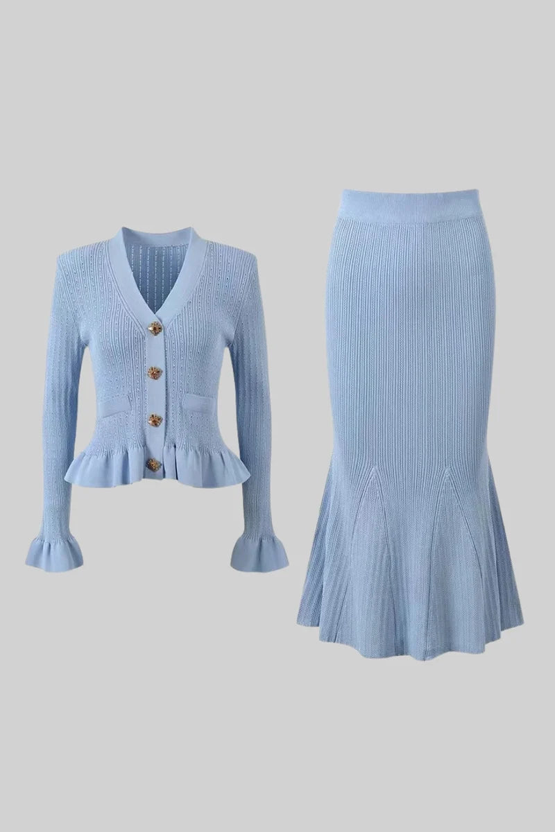 Ruffled Jacket & Flared Skirt Knit Matching Set