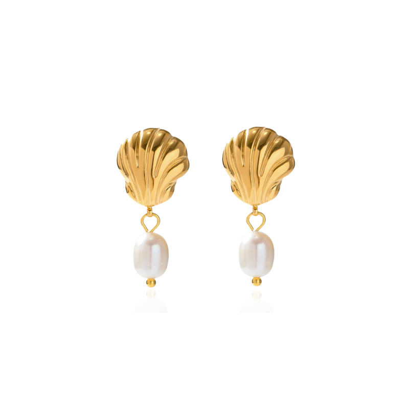 Elegant Gold Plated Shell and Freshwater Pearl Earrings - Sally
