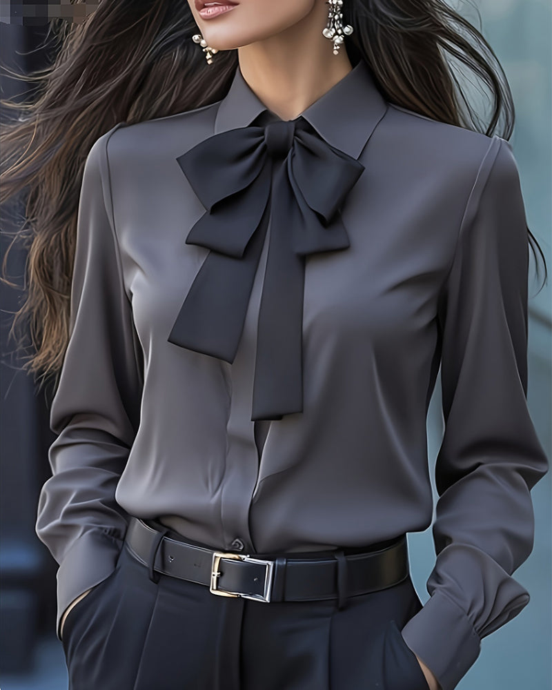 Long-Sleeved Blouse with Bow and Ruffles
