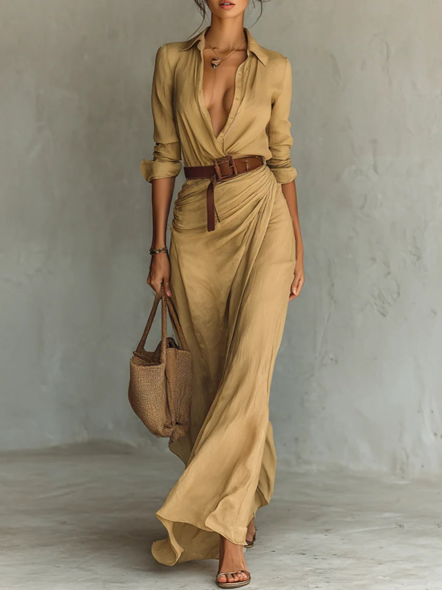 Long Belted Dress with Long Sleeve and Lapel Collar