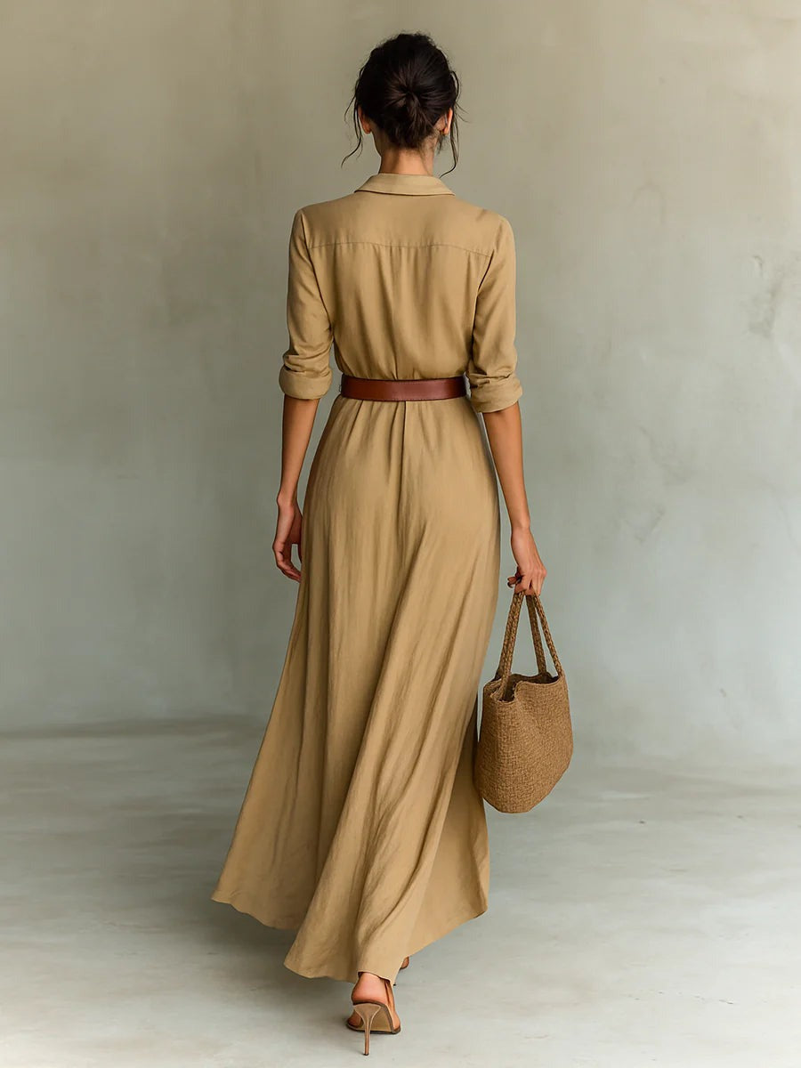 Long Belted Dress with Long Sleeve and Lapel Collar