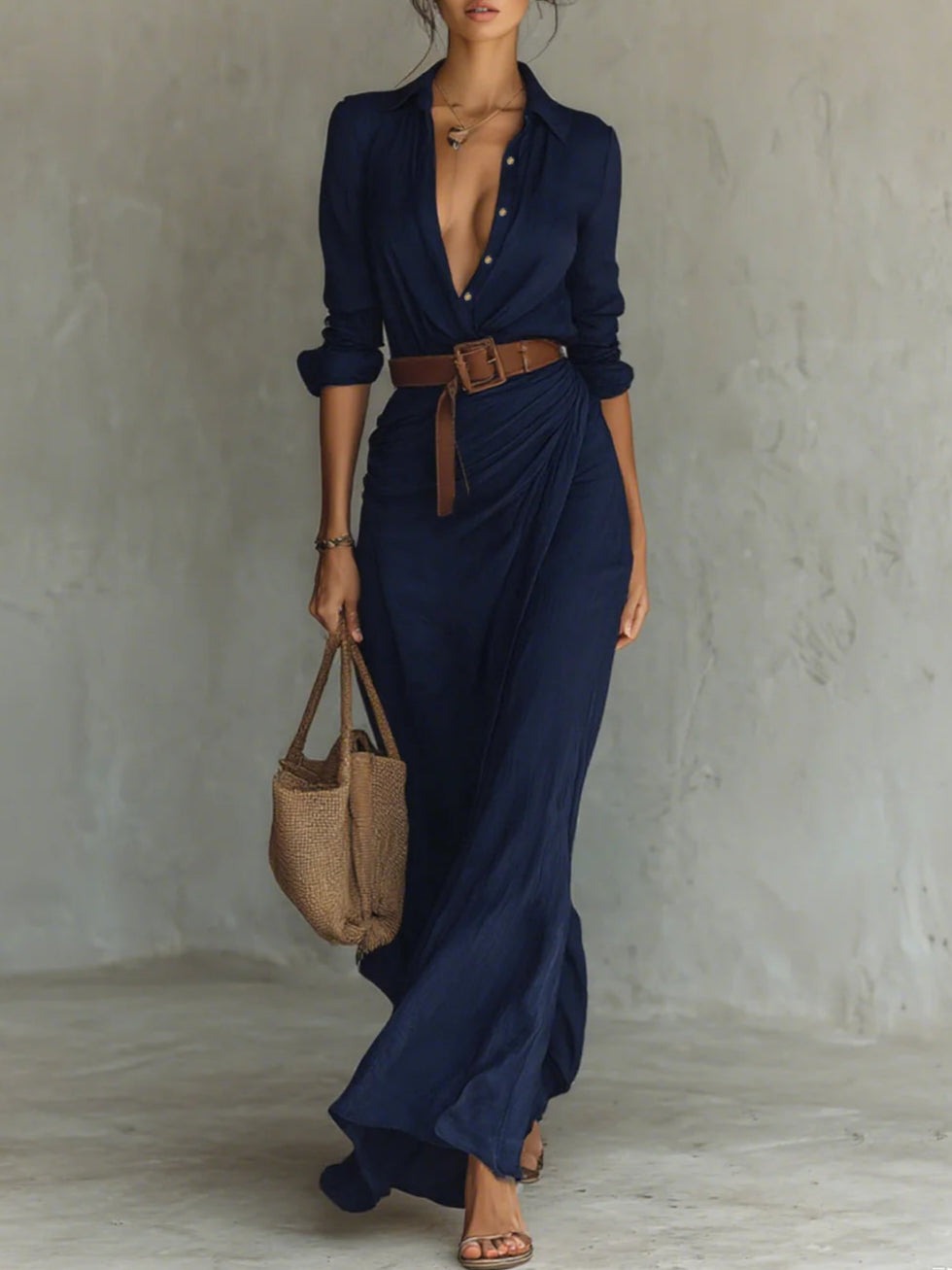Long Belted Dress with Long Sleeve and Lapel Collar