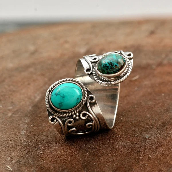 Adjustable double rings with turquoise border
