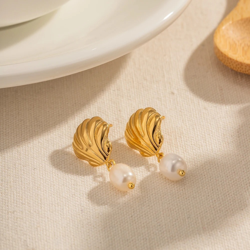 Elegant Gold Plated Shell and Freshwater Pearl Earrings - Sally