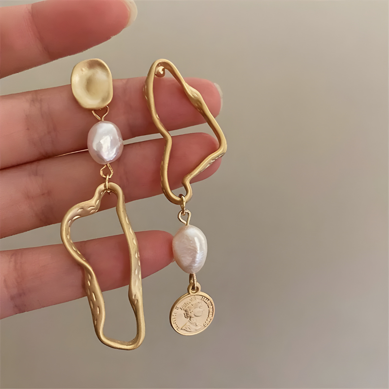 Elegant asymmetrical baroque pearl earrings with hanging design - Rachel