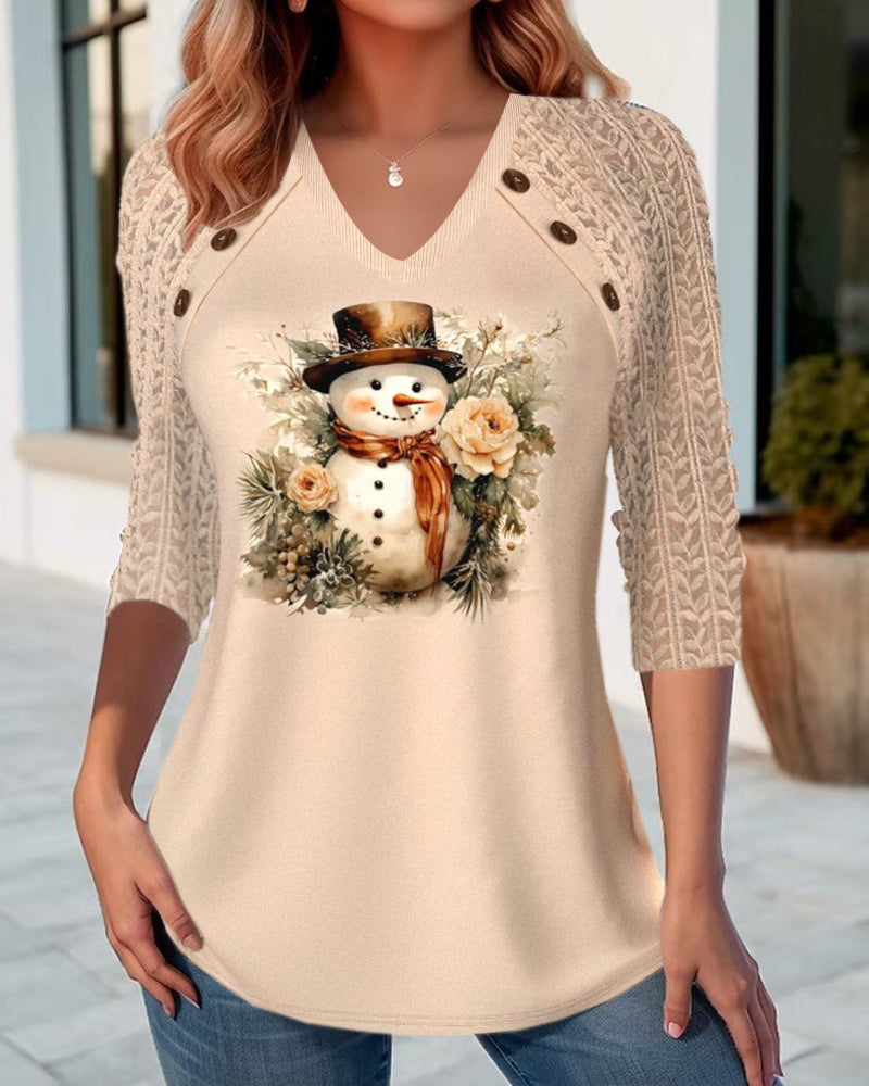 Relaxed top with V-neck snowman print