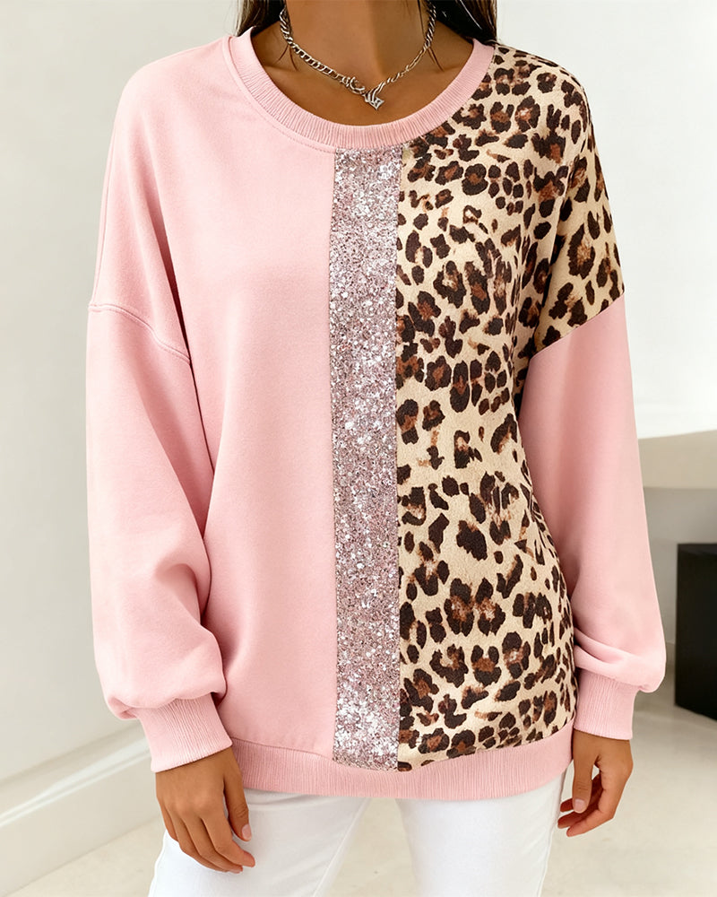 Loose Long-Sleeve Sweatshirt with Leopard Print