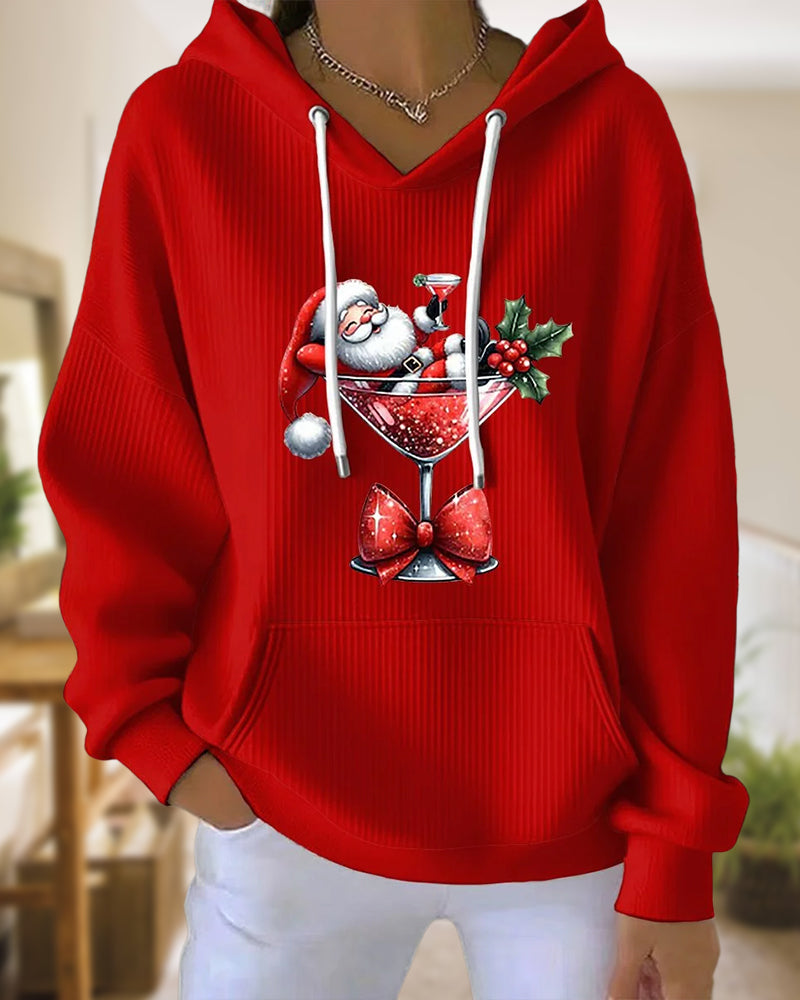 Hoodie with Santa Claus and Wine Bottle Print, Headgear Design