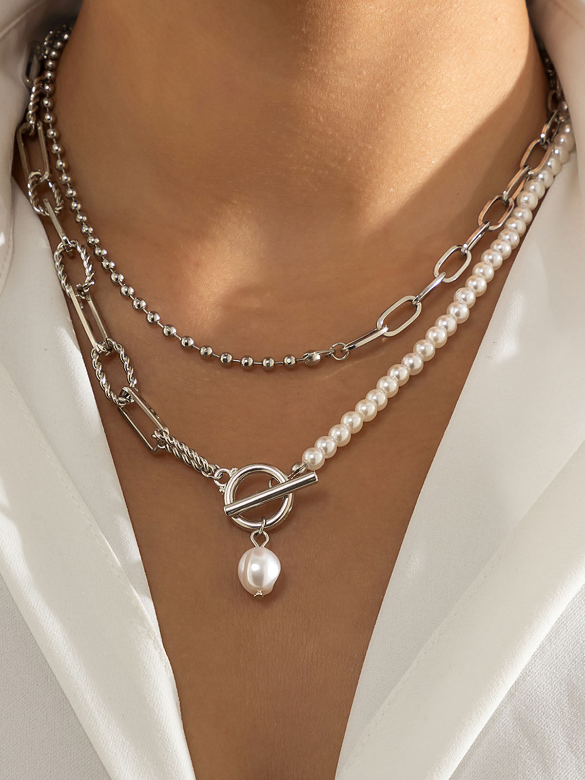Silver Saturn Toggle Necklace with Pearl – Trendy Women's Necklace with Pendant