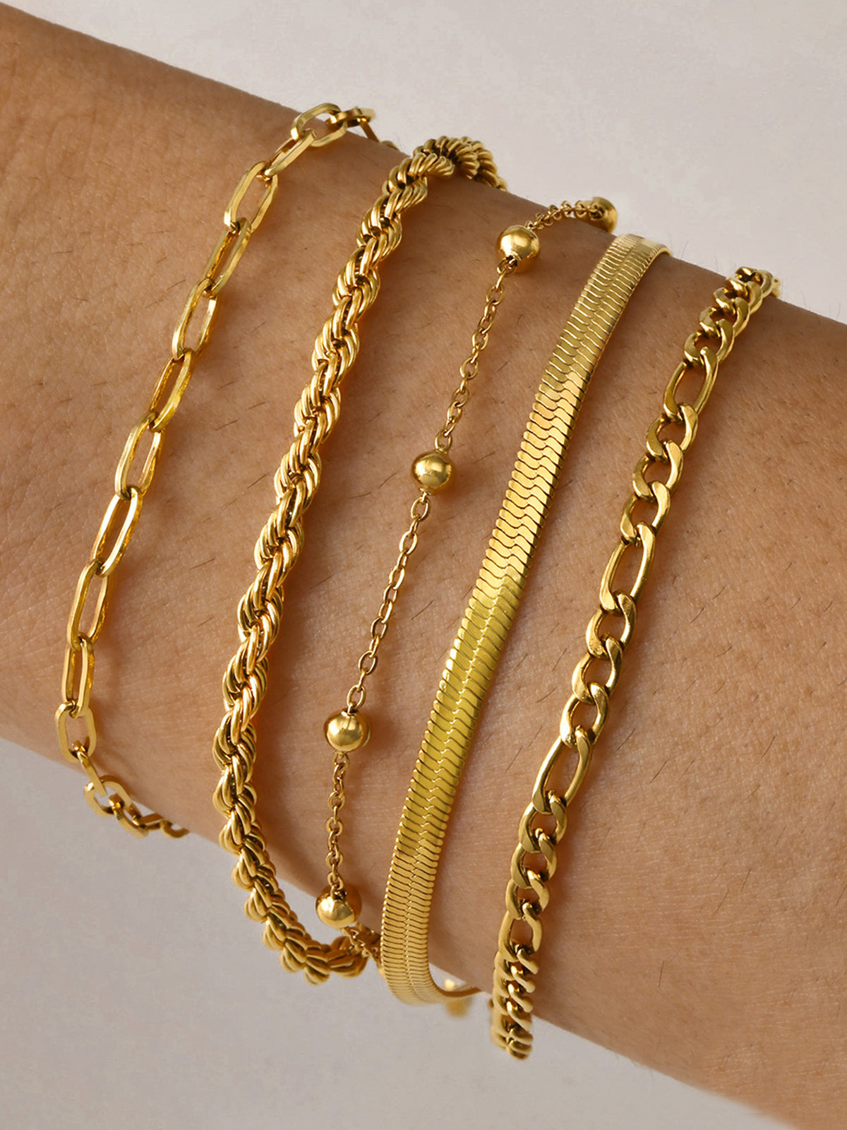 Set of 5 Geometric Gold Chain Bracelets