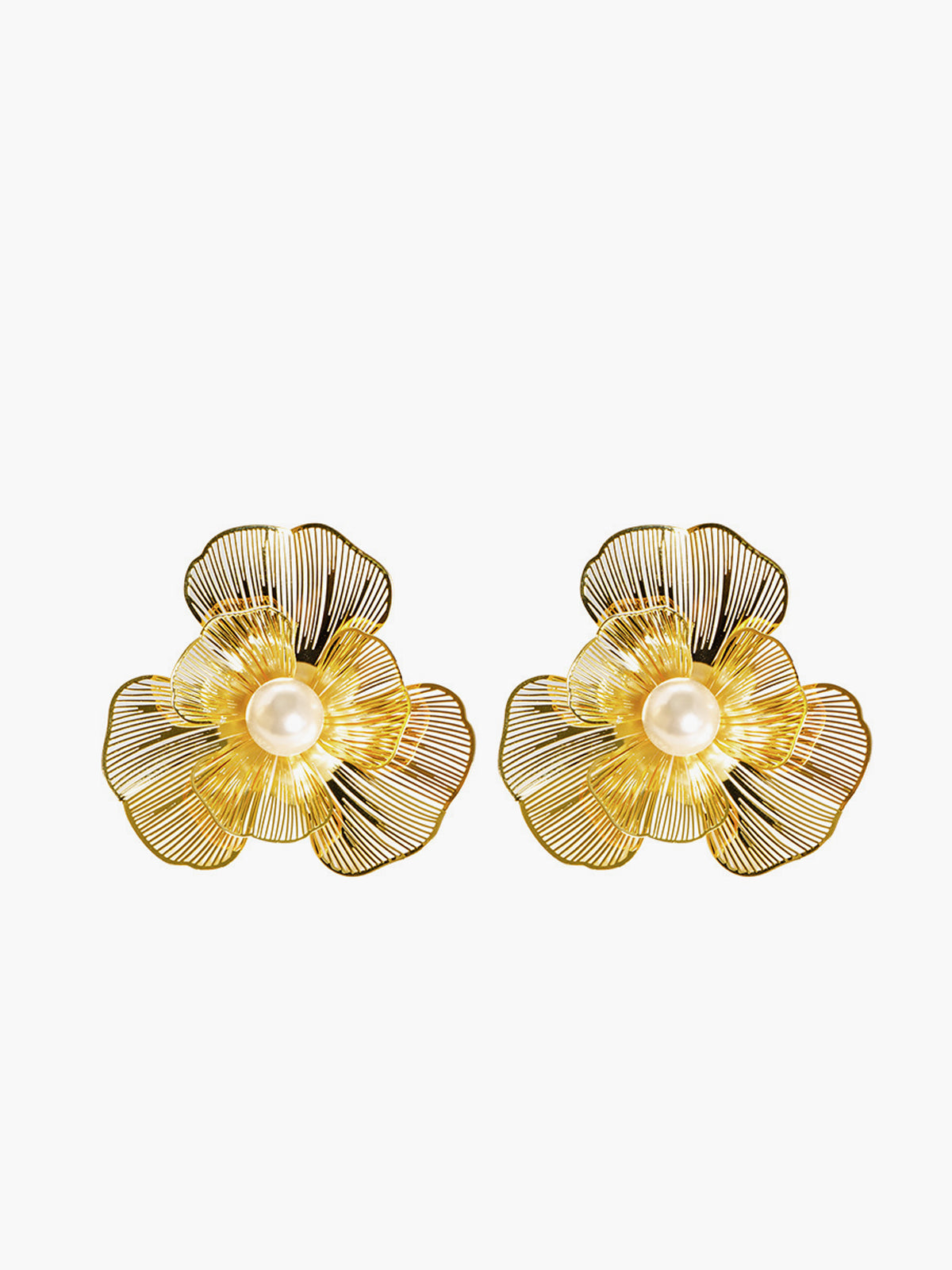 3D Metal Flower Earrings with Elegant Pearl