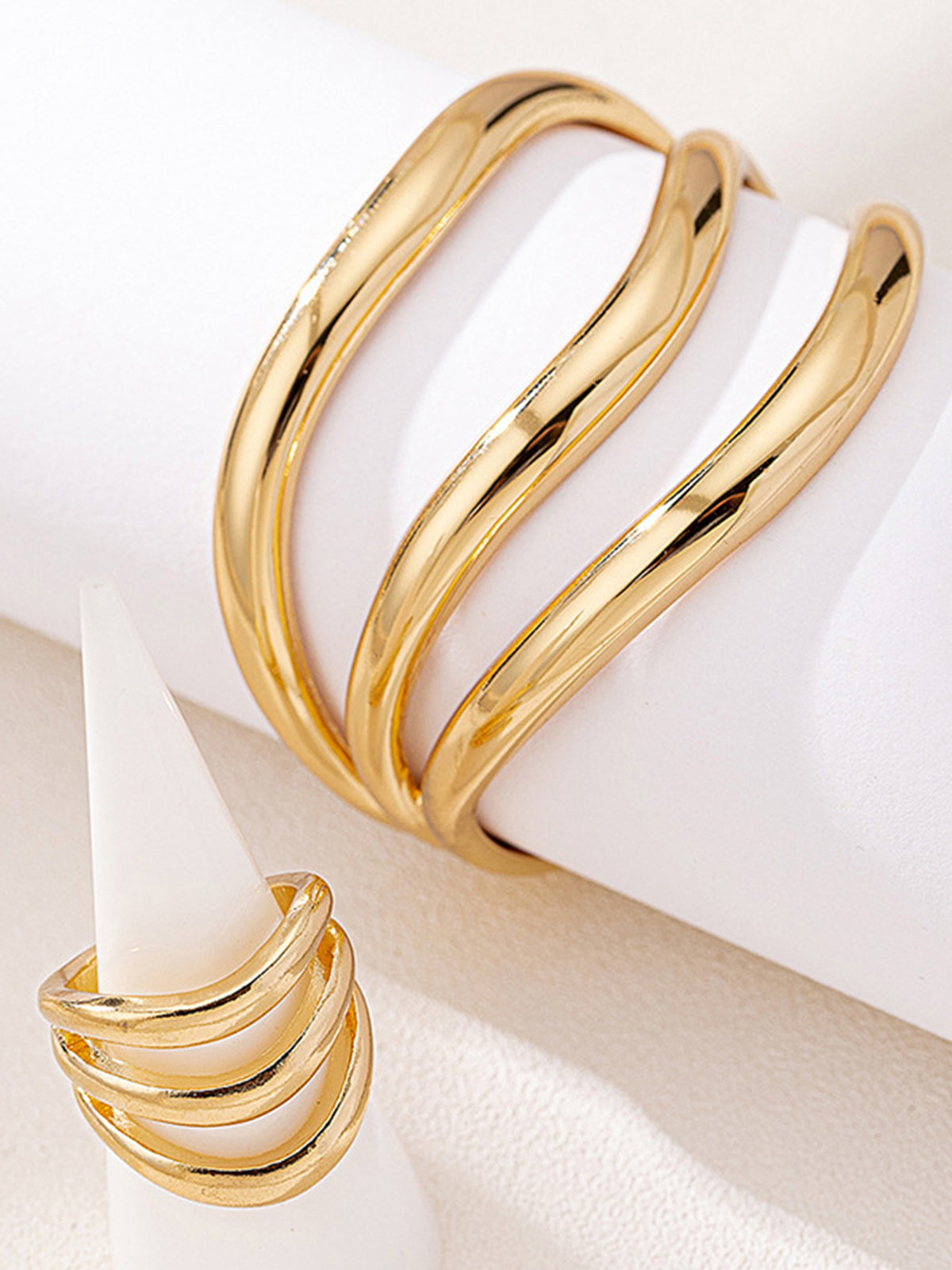 Elegant Sculpted Curve Bangle and Ring Duo