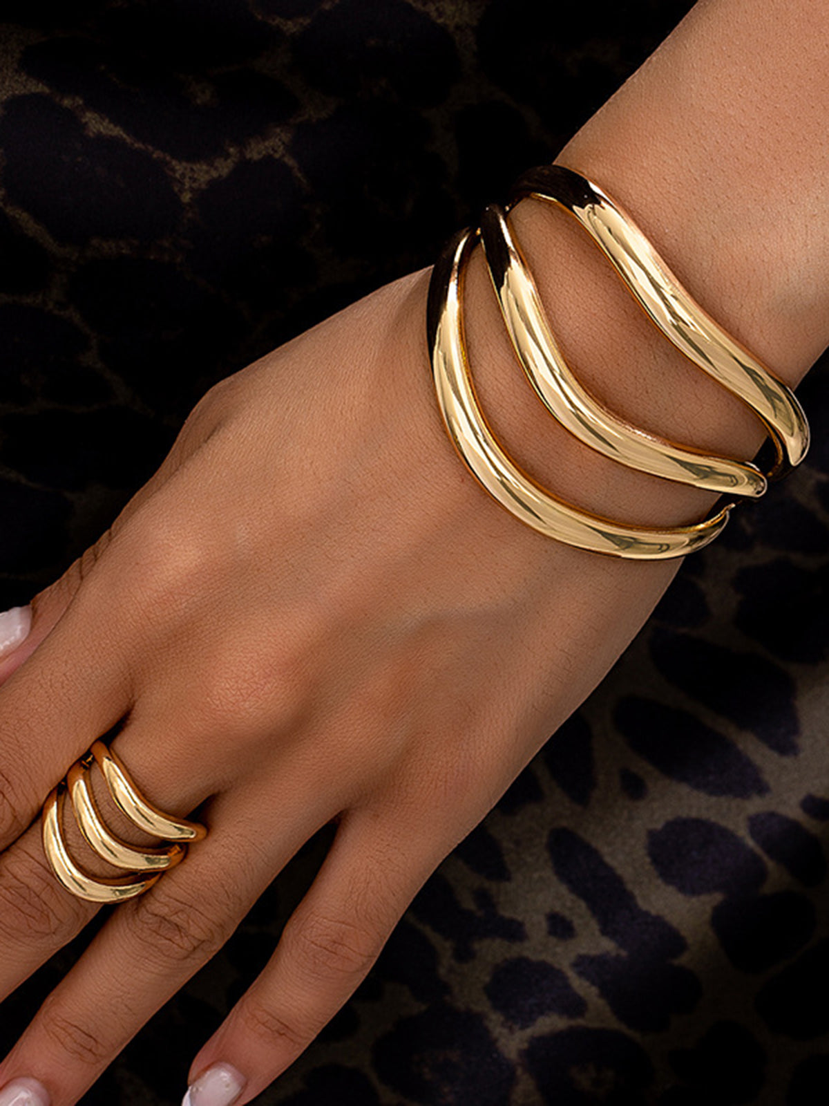 Elegant Sculpted Curve Bangle and Ring Duo