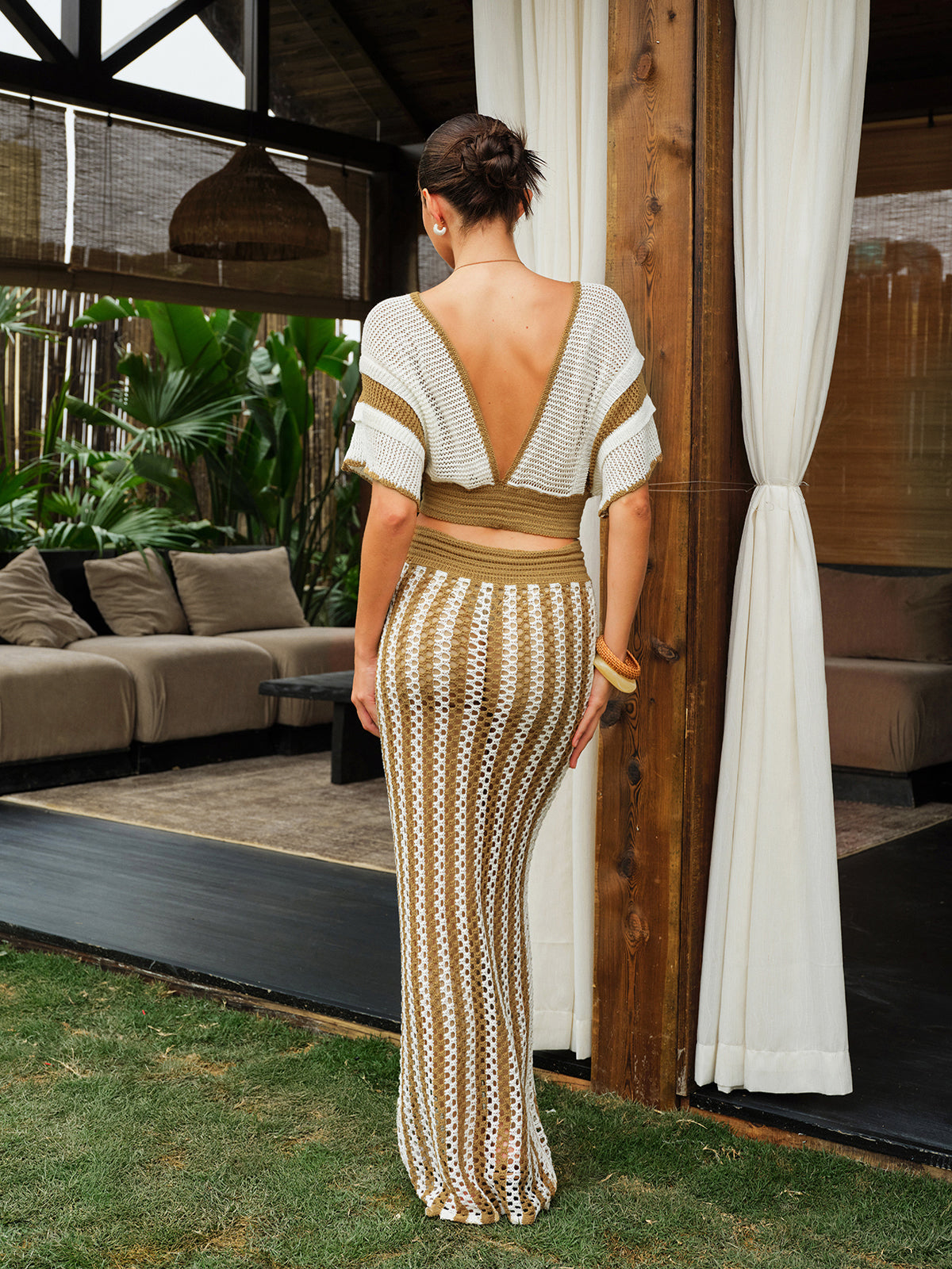 Crochet Stripe Skirt Set With Tassel Tie Waist