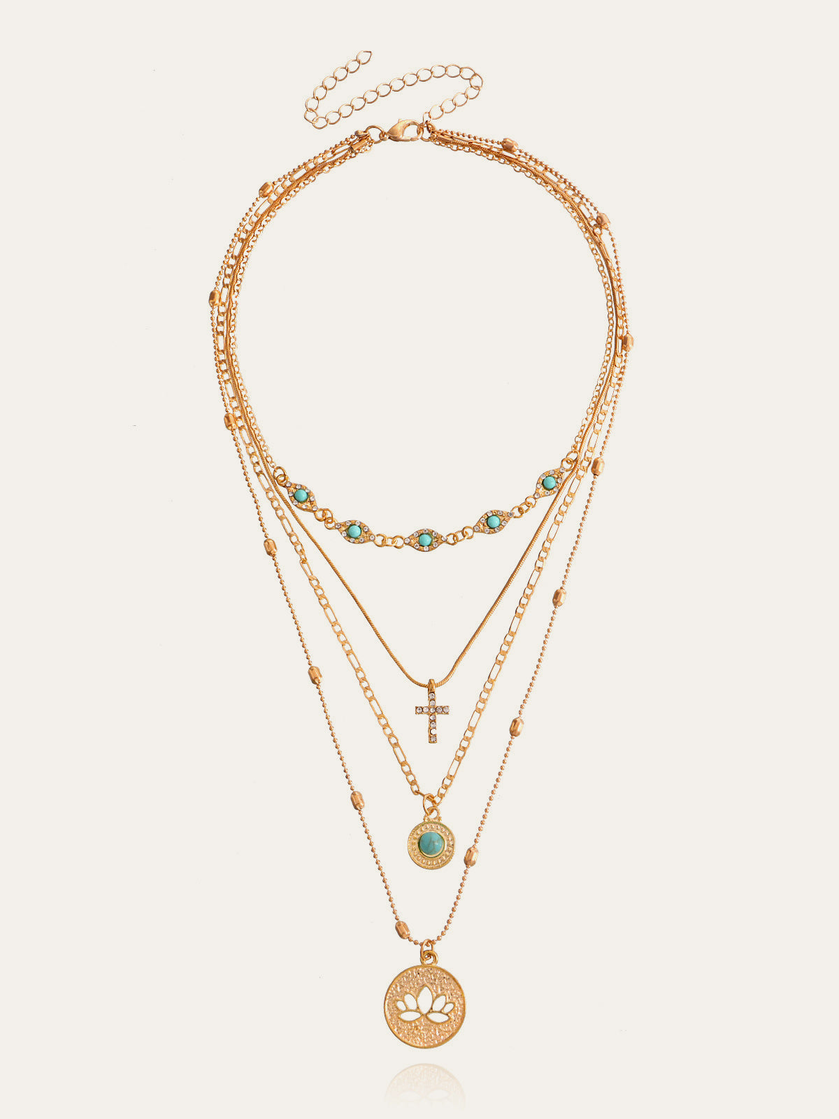 Multilayer Gold Necklace with Turquoise and Pendants for a Sophisticated Style