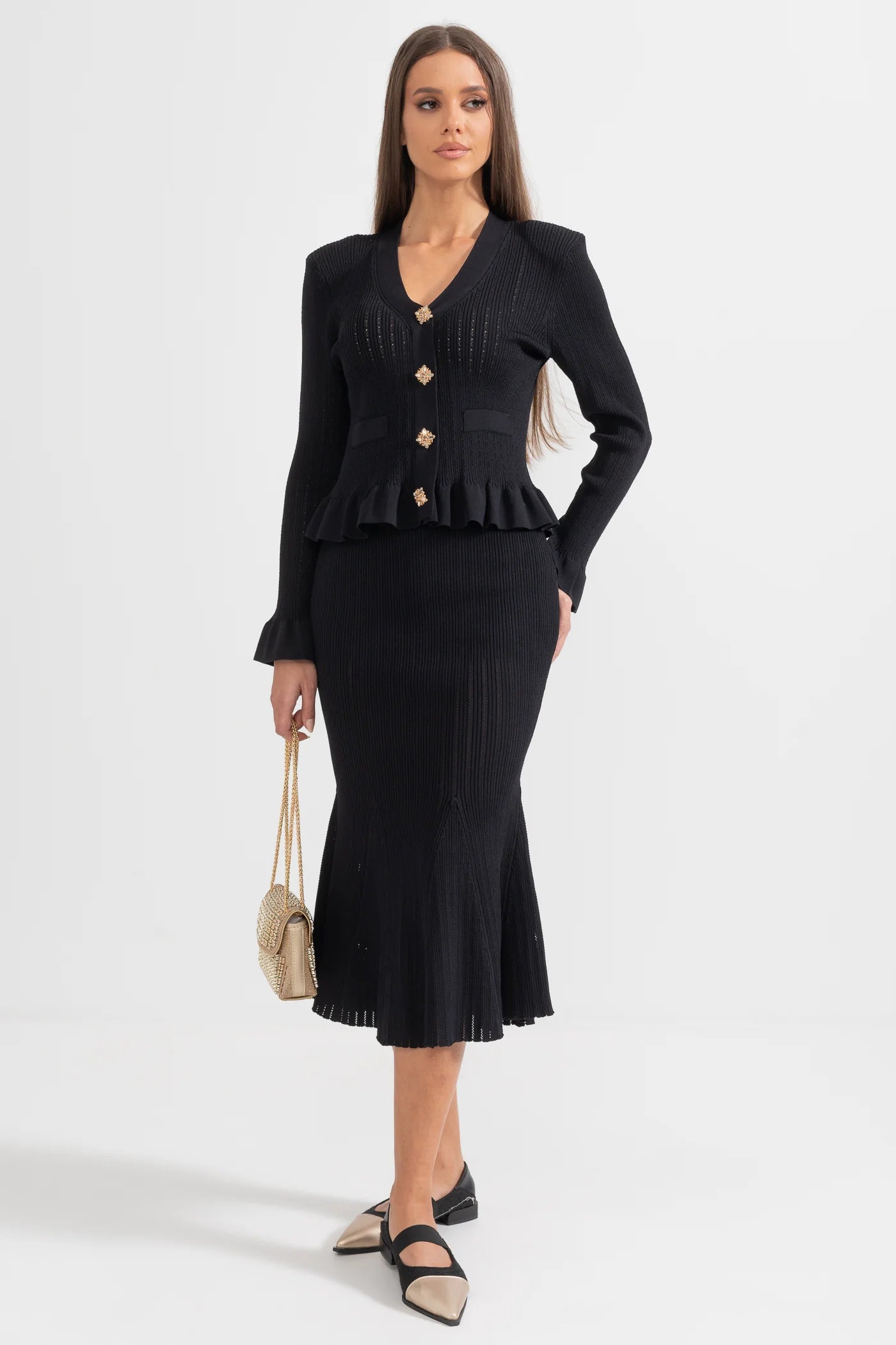 Ruffled Jacket & Flared Skirt Knit Matching Set