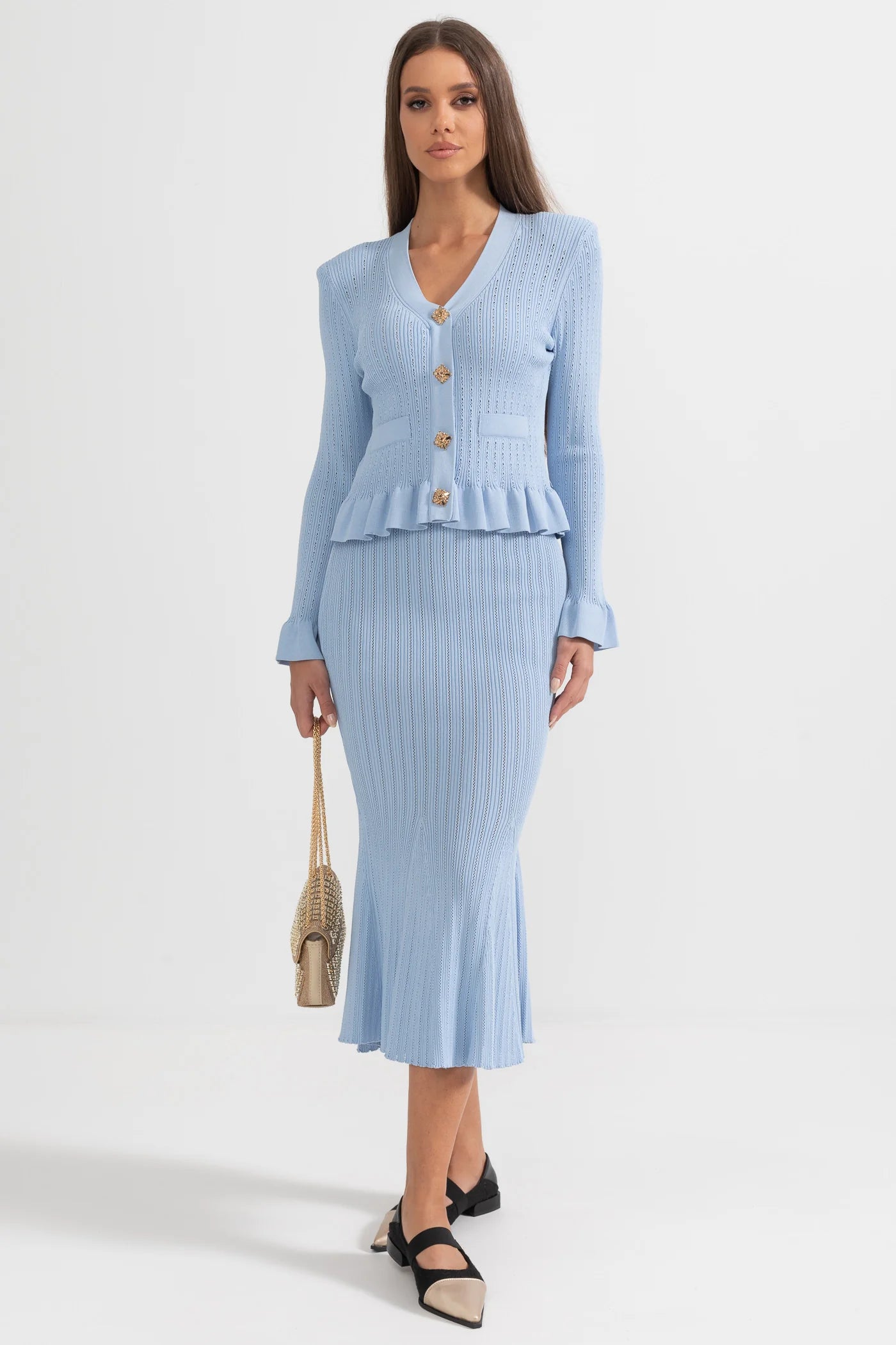 Ruffled Jacket & Flared Skirt Knit Matching Set
