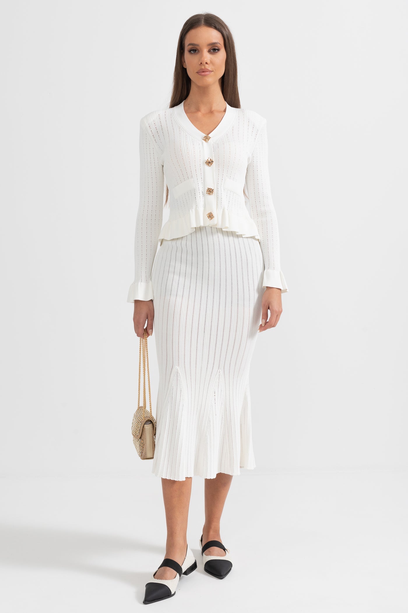 Ruffled Jacket & Flared Skirt Knit Matching Set