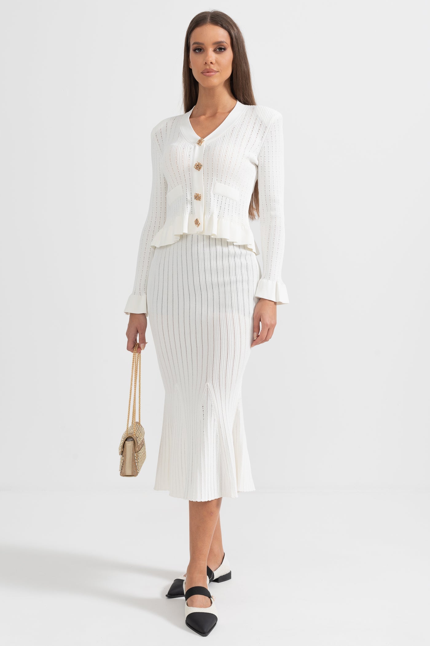Ruffled Jacket & Flared Skirt Knit Matching Set