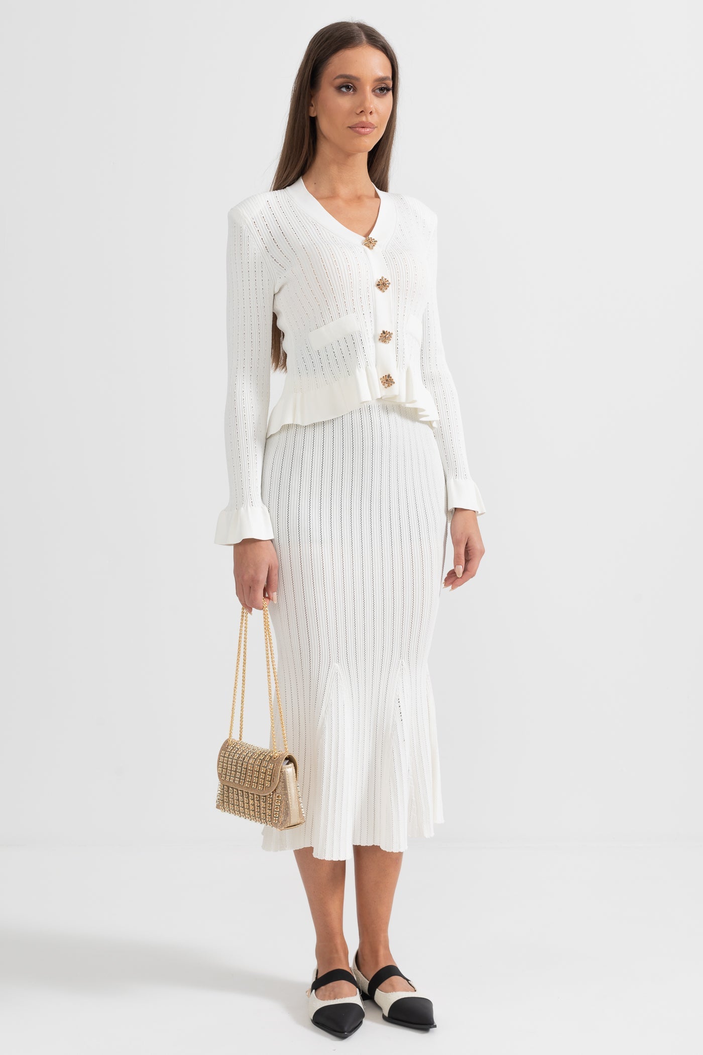 Ruffled Jacket & Flared Skirt Knit Matching Set