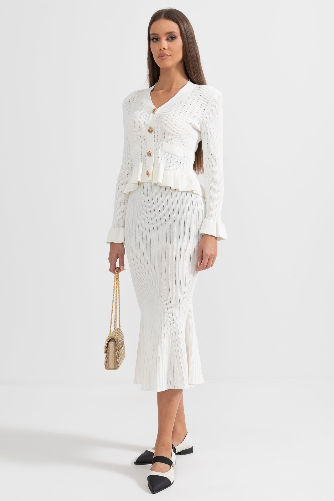 Ruffled Jacket & Flared Skirt Knit Matching Set