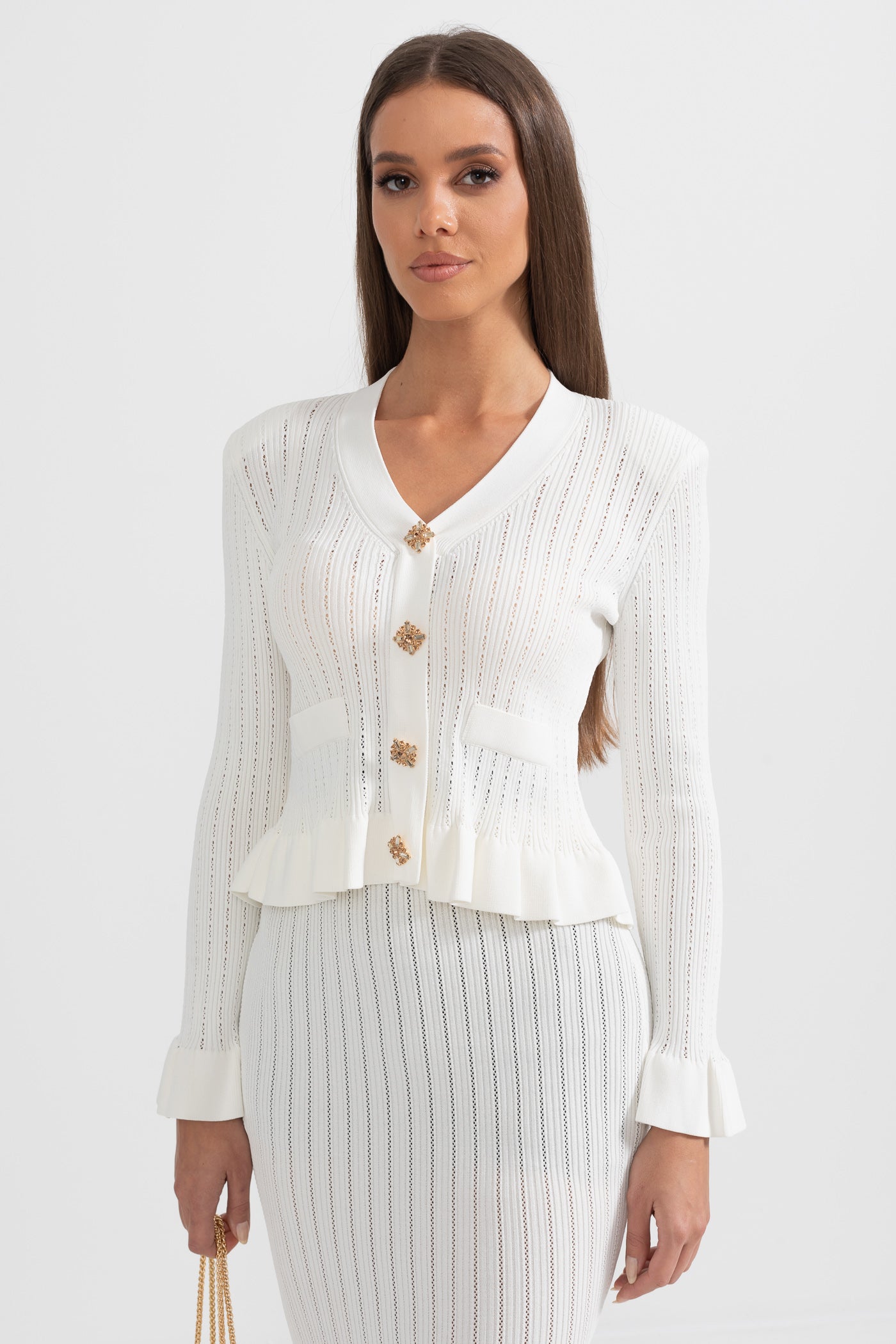 Ruffled Jacket & Flared Skirt Knit Matching Set