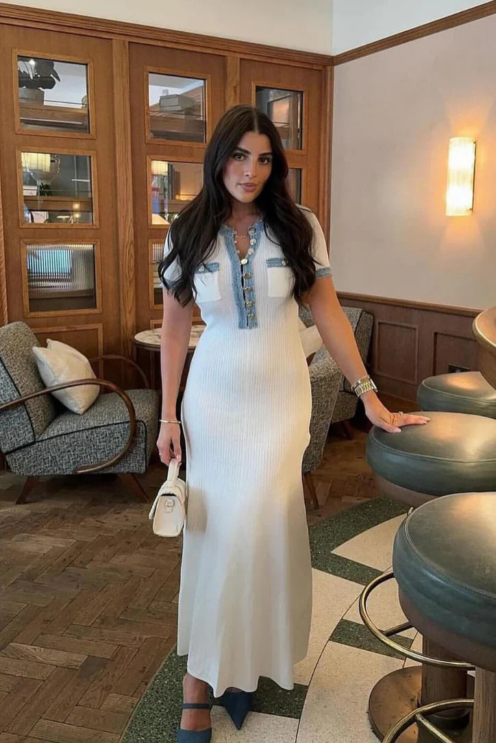 Sarah Blue-Trim Midi Dress