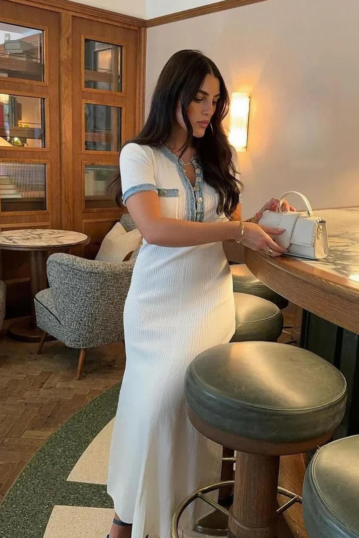 Sarah Blue-Trim Midi Dress