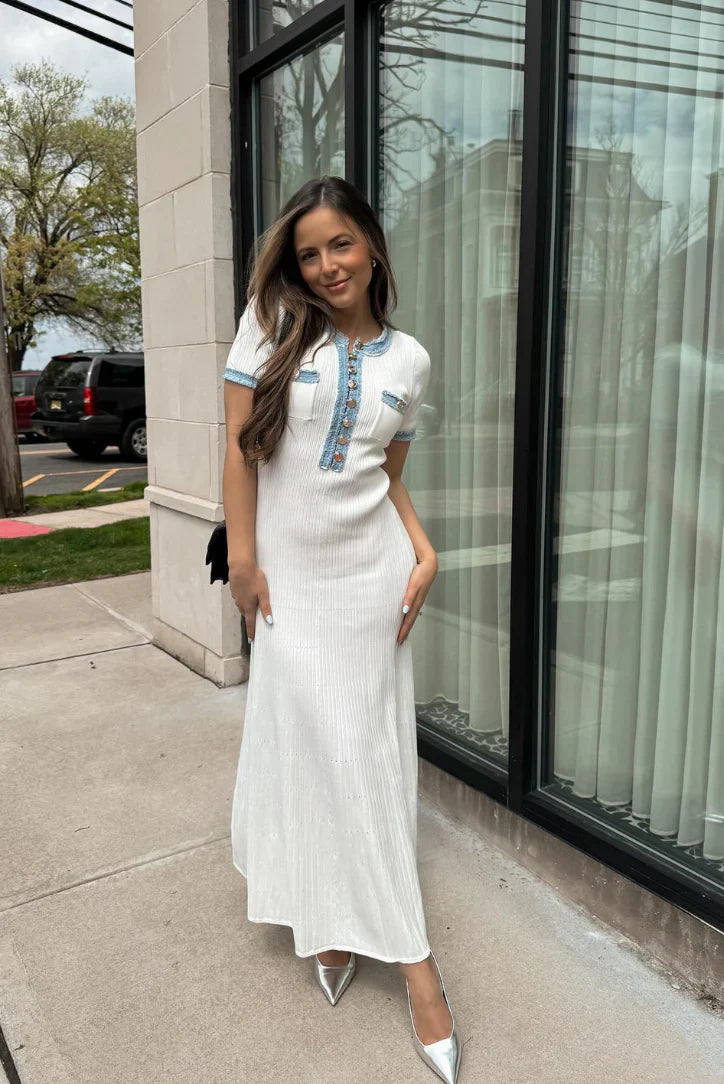 Sarah Blue-Trim Midi Dress