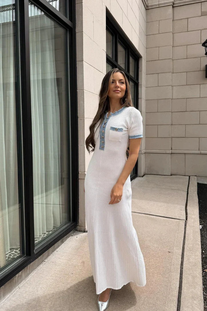 Sarah Blue-Trim Midi Dress