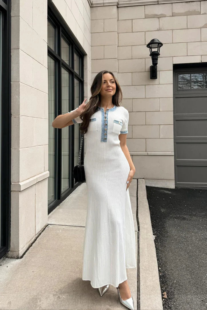 Sarah Blue-Trim Midi Dress