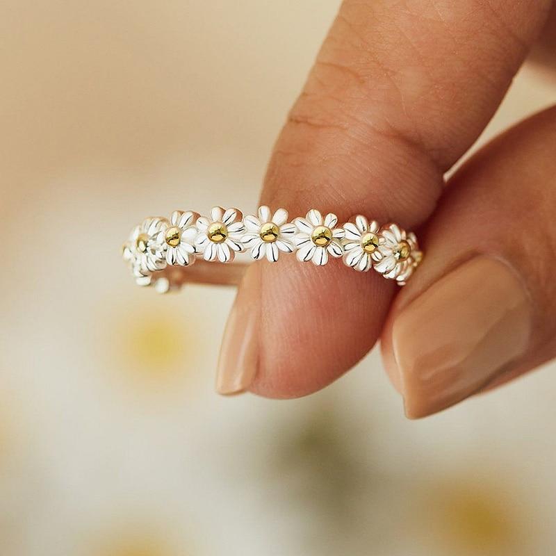 Adjustable and Enamel Daisy Silver Ring