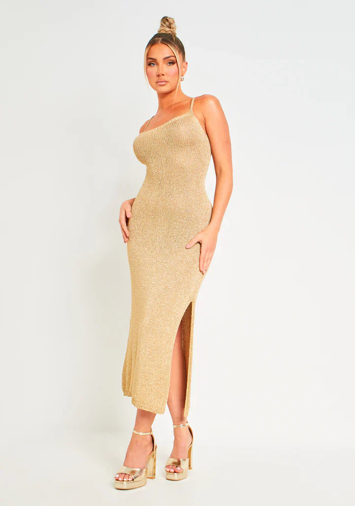 Evelina Metallic Knit Midi Dress