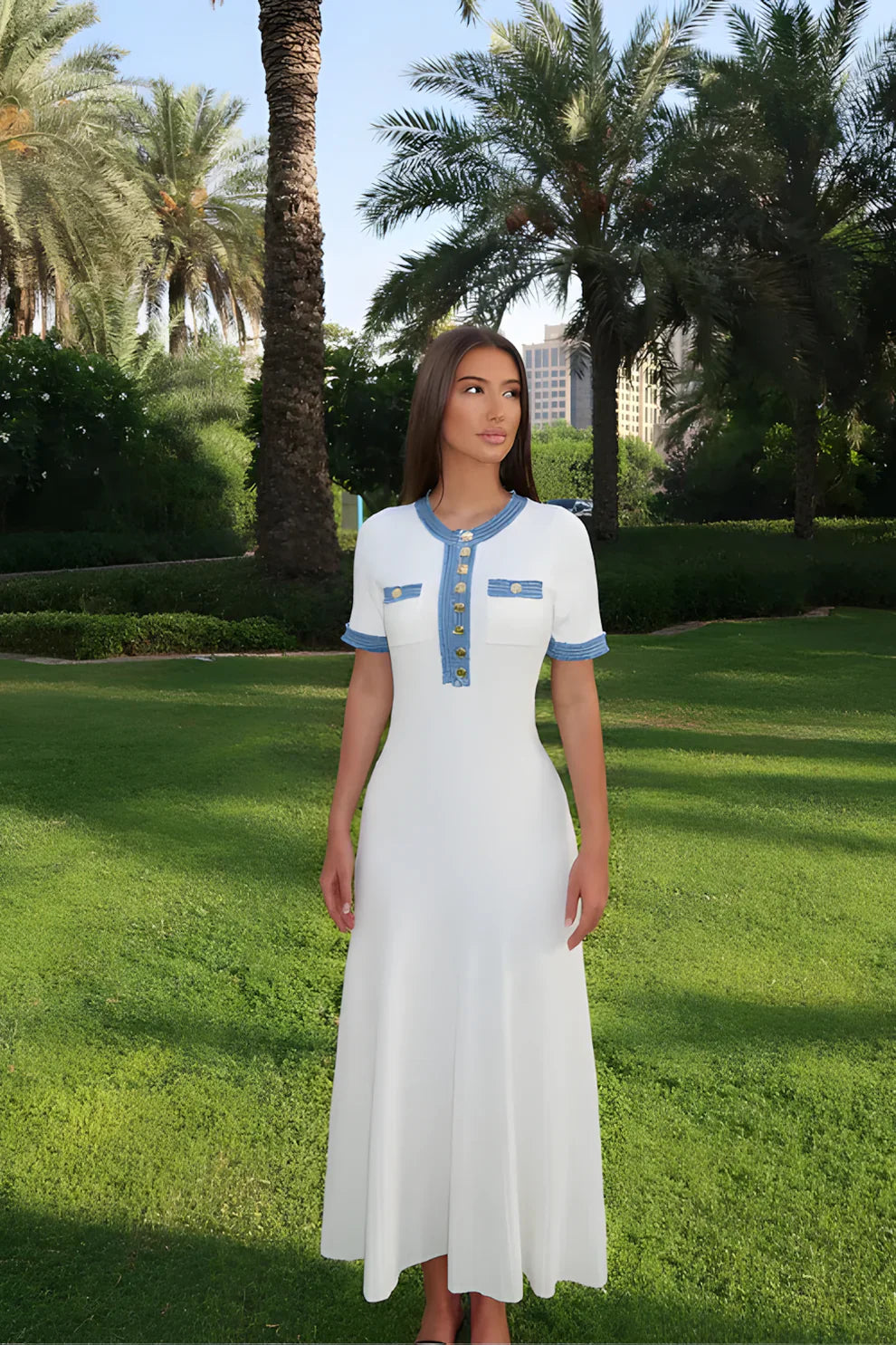 Sarah Blue-Trim Midi Dress
