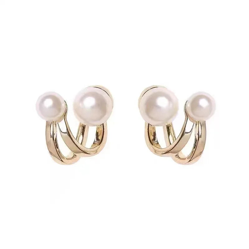 Elegant Pearl Earrings – Gold-Colored Double-Layered Design Studs