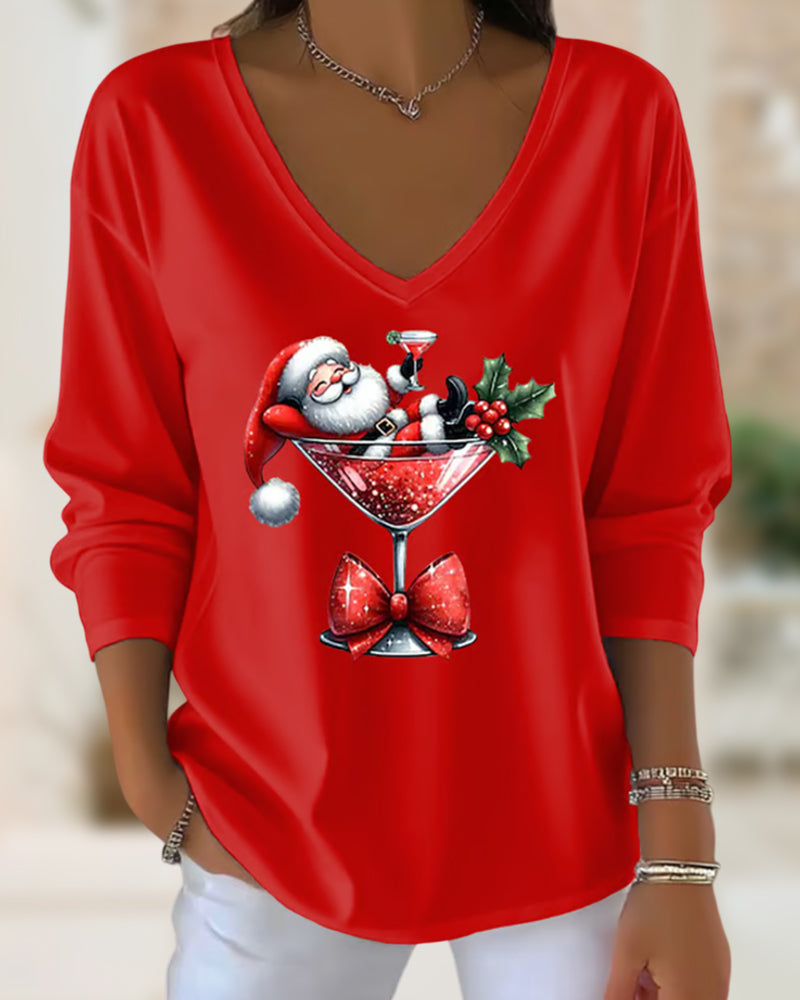 Loose Sitting Top with V-Neck and Christmas Print with Wine Glass