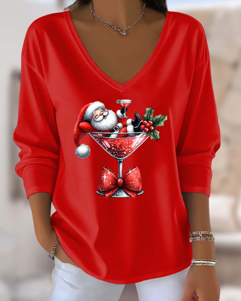 Loose Sitting Top with V-Neck and Christmas Print with Wine Glass