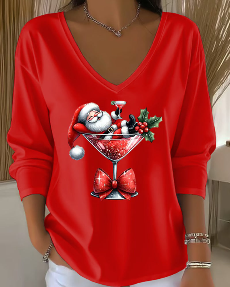 Loose Sitting Top with V-Neck and Christmas Print with Wine Glass