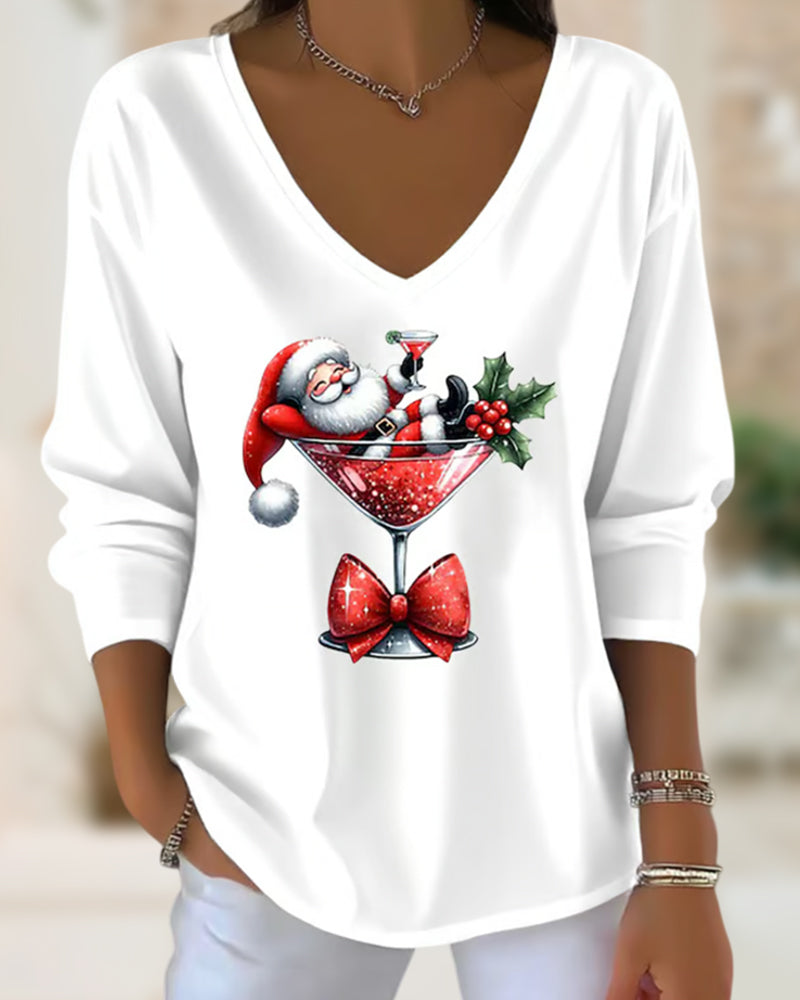 Loose Sitting Top with V-Neck and Christmas Print with Wine Glass