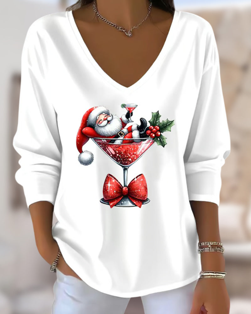 Loose Sitting Top with V-Neck and Christmas Print with Wine Glass