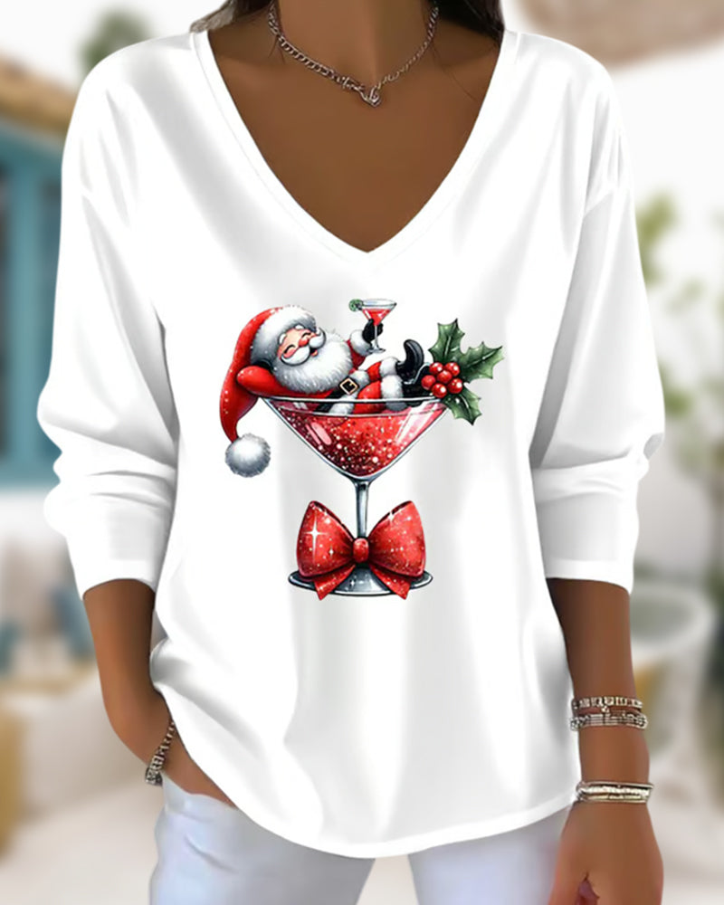 Loose Sitting Top with V-Neck and Christmas Print with Wine Glass