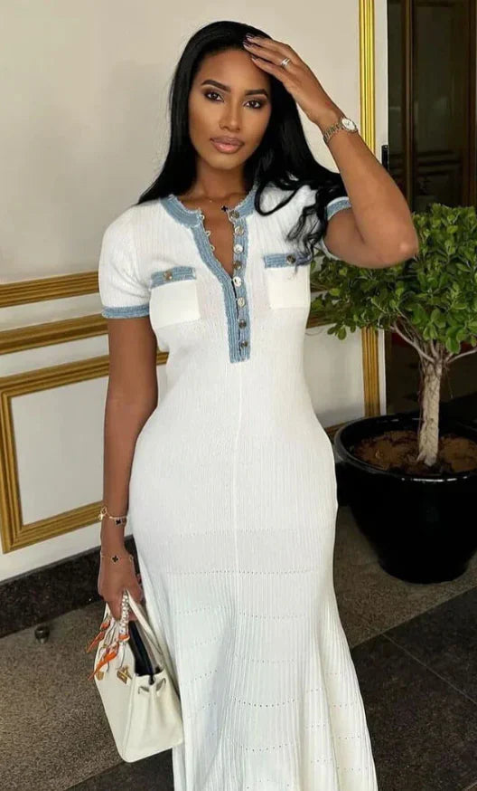 Sarah Blue-Trim Midi Dress