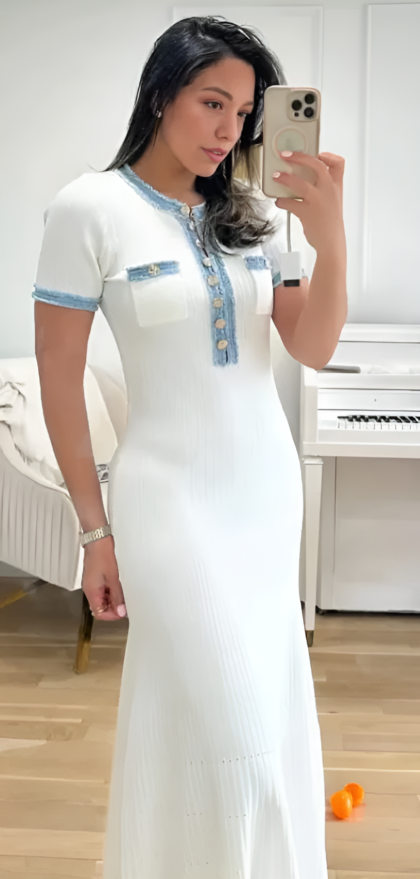 Sarah Blue-Trim Midi Dress