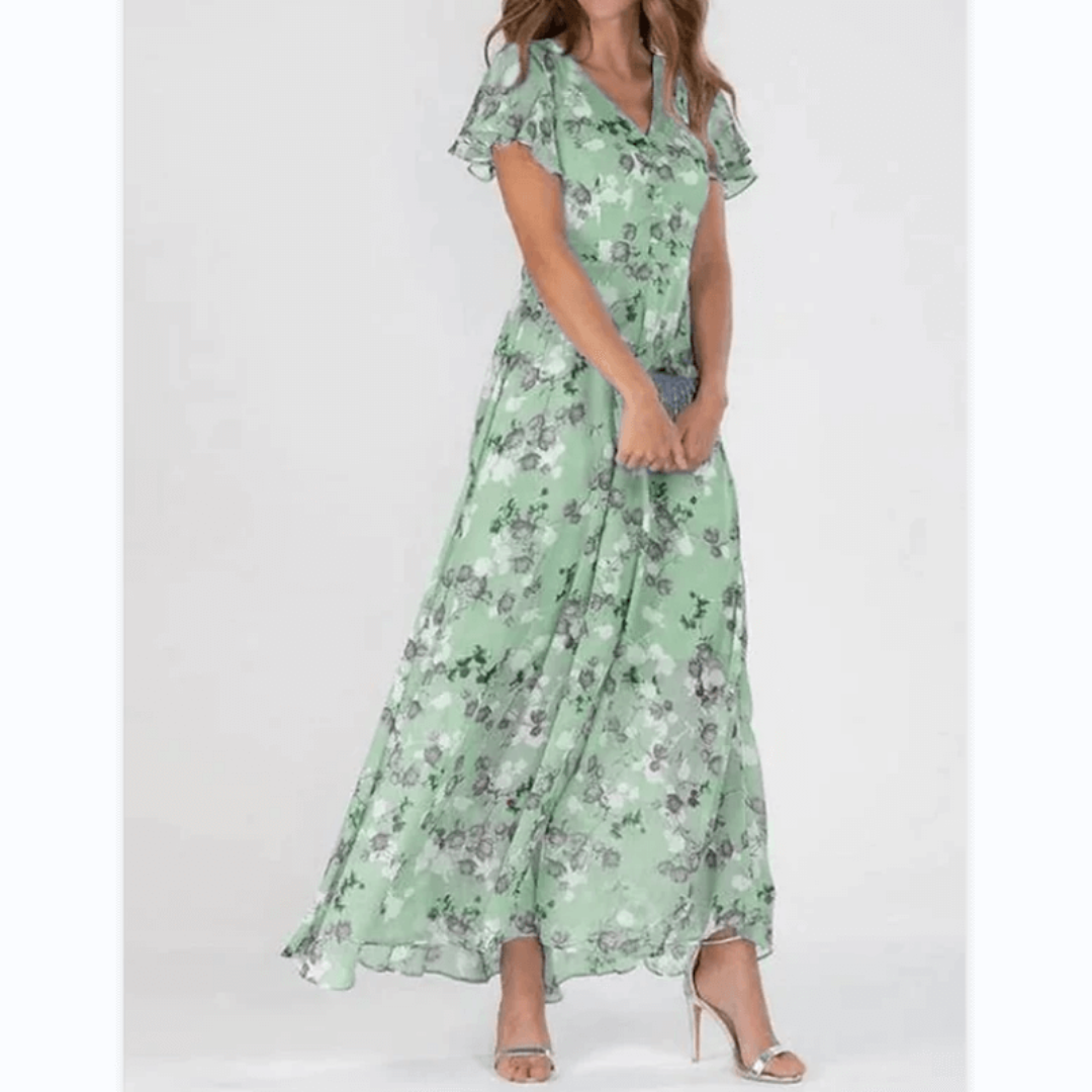 Women’s A-Line Maxi Dress – V-Neck, Flutter Sleeves, Floral Print, Wedding Guest