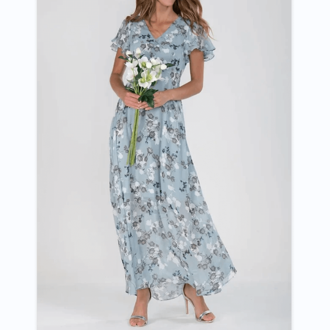 Women’s A-Line Maxi Dress – V-Neck, Flutter Sleeves, Floral Print, Wedding Guest