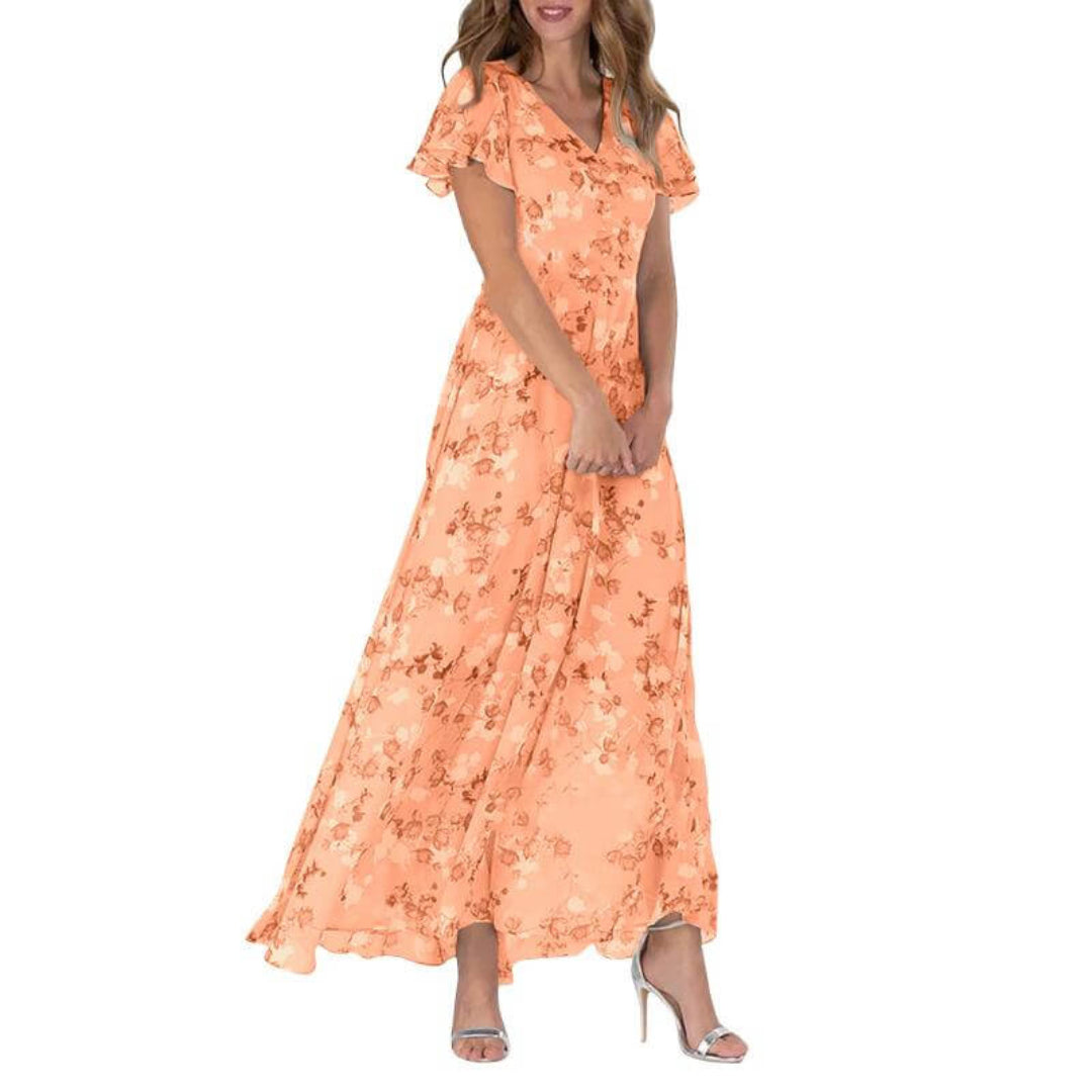 Women’s A-Line Maxi Dress – V-Neck, Flutter Sleeves, Floral Print, Wedding Guest