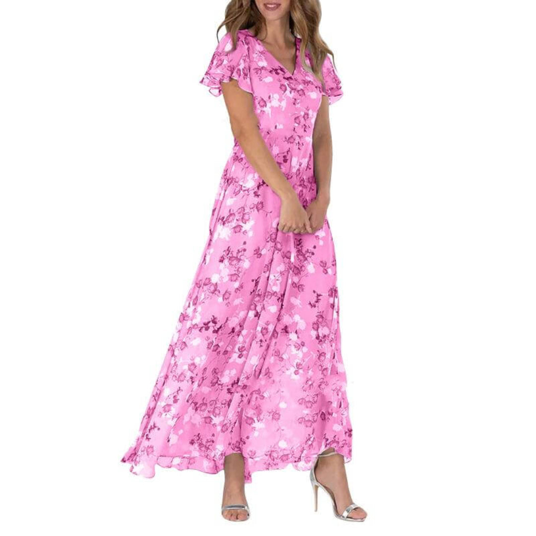 Women’s A-Line Maxi Dress – V-Neck, Flutter Sleeves, Floral Print, Wedding Guest